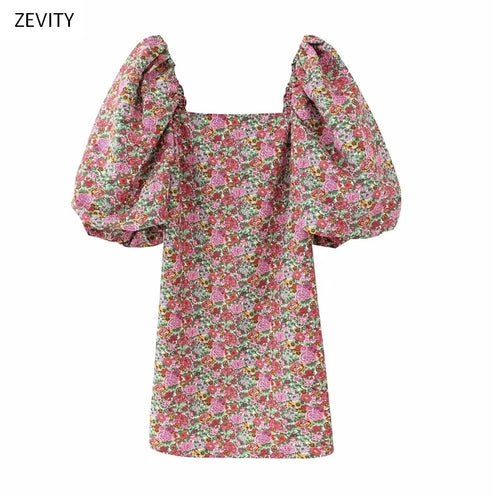 2020女性复古印花连衣裙泡泡袖迷你连衣裙女式复古方领休闲修身街头连衣裙DS3957