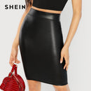 SHEIN Black Wide Waistband Solid Skinny Skirt Elegant Workwear Knee Length Mid Waist Skirts Women Autumn Sheath Pencil Skirt