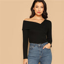 SHEIN White Asymmetrical Neck Solid Tee Rib-Knit Slim Fit Party Casual Pullover Long Sleeve Shirt 2018 Autumn Women Tshirt Top
