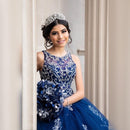 Luxurious Beaded Crystals Lace Blue Quinceanera Dresses Crew Backless Tulle Ball Gown Prom Party Gowns Sweet 16 Dress