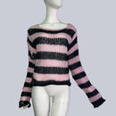 Plus Size Punk Gothic Long Unisex Sweater Dress Cool Hollow Out Hole Broken Jumper Loose Rock Thin Sweter 2020 Women Man Striped