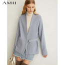 Amii women's spring pine ribbon knitting wool coat new solid full sleeves belt vneck sweater 11940411