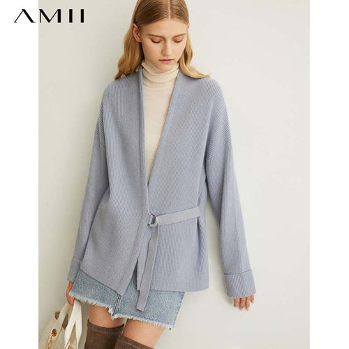 Amii 女士春季松果罗纹针织羊毛大衣纯色全袖腰带V领毛衣 11940411