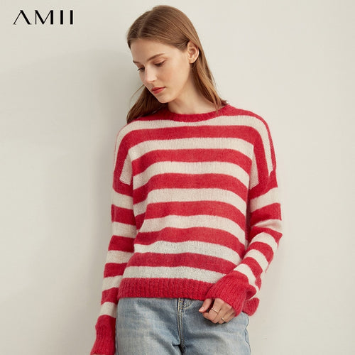 Amii 秋季女装条纹针织衫女休闲圆领长袖宽松高领上衣 11970663