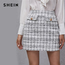 SHEIN Black and White High Waist Plaid Tweed Skirt Women Winter Office Lady Buttoned Straight Mini Elegant Skirts