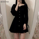 Dress Women Vestidos Vintage Solid Daily Empire Elegant Black BF Oversized Classy Retro Fashion Charm Female Clothes Long Sleeve