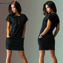 New Women Pocket Loose Casual Female Dress Summer Dress For Women Short Sleeve O Neck Mini Dress Office Lady Work Dress Vestidos