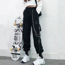 女式工装裤 2021 哈伦裤时尚朋克口袋慢跑裤带链原宿松紧高腰街头服饰