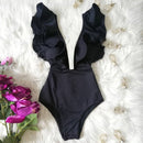 2021 New Sexy Ruffle Print Floral One Piece Swimsuit Off The Shoulder Swimwear Women Solid Deep-V Beachwear Bathing Suit Monkini
