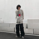 Japanese Broken Heart Printed Holes Ripped Vintage Sweater Tall Girls Gothic Punk Retro Black Darkness Pull Sweaters For Couples
