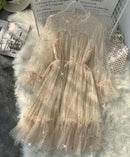 2021 New Female O-neck Stars Sequined Mesh Shiny Fairy Dress Women Elegant Bling Gauze Princess Puff Dresses Vestidos De Fiesta