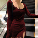 Women Winter Dress Women 2021 New Arrivals Sexy Long Sleeve Lace Split Black White Solid Party Dresses Vestidos
