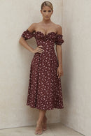 Summer Dress Women Short Puff Sleeve Flroal Printed Ruched Party High Split Long Maxi Dresses Drawstring Sexy Vestidos Sundress