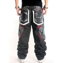 Men Street Dance Hiphop Jeans Fashion Embroidery Black Loose Board Denim Pants Overall Male Rap Hip Hop Jeans Plus Size 30-46