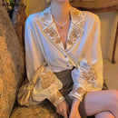 女衬衫 灯笼袖 缺口印花 气质休闲 韩版法式复古 优雅 热销 百搭 女士衬衫