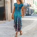 3XL Plus Size Women Floral Print Dress Short Sleeve Summer Bohemian Long Dresses Lady Casual Loose O-Neck Slim Sundress Vestidos