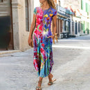 3XL Plus Size Women Floral Print Dress Short Sleeve Summer Bohemian Long Dresses Lady Casual Loose O-Neck Slim Sundress Vestidos