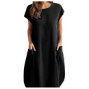Women Casual O-Neck Short Sleeve Mid-Calf Summer Dress With Pocket Denim Basic Solid Dress Beach Party Loose Dress Holiday