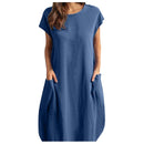 Women Casual O-Neck Short Sleeve Mid-Calf Summer Dress With Pocket Denim Basic Solid Dress Beach Party Loose Dress Holiday