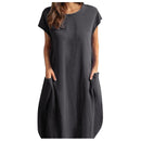 Women Casual O-Neck Short Sleeve Mid-Calf Summer Dress With Pocket Denim Basic Solid Dress Beach Party Loose Dress Holiday