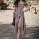 Short Puff Sleeve Flroal Printed Ruched Party High Split  Women Summer Dress Long Maxi Dresses Drawstring Sexy Vestidos Sundress