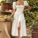Short Puff Sleeve Flroal Printed Ruched Party High Split  Women Summer Dress Long Maxi Dresses Drawstring Sexy Vestidos Sundress