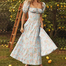 Short Puff Sleeve Flroal Printed Ruched Party High Split  Women Summer Dress Long Maxi Dresses Drawstring Sexy Vestidos Sundress