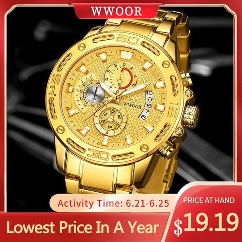 WWOOR 2021 New Men Watches Top Brand Luxury Gold Stainless Steel Quartz Watch Men Waterproof Sport Chronograph Relogio Masculino