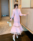 JSXDHK Fashion Runway Women Pleated Party Dress Spring Sexy V Neck Lantern Sleeve Chiffon Patchwork Lace Bodycon Slim Long Dress