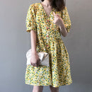 碎花连衣裙 女 夏季 高腰 V领 泡泡袖 连衣裙 3077#