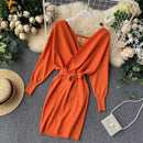 YuooMuoo Autumn Winter Women Knitted Sweater Dress 2021 New Korean Long Batwing Sleeve V Neck Elegant Dress Ladies Bandage Dress