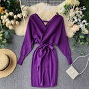 YuooMuoo Autumn Winter Women Knitted Sweater Dress 2021 New Korean Long Batwing Sleeve V Neck Elegant Dress Ladies Bandage Dress