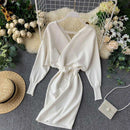 YuooMuoo Autumn Winter Women Knitted Sweater Dress 2021 New Korean Long Batwing Sleeve V Neck Elegant Dress Ladies Bandage Dress