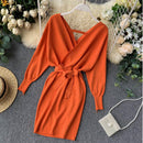 YuooMuoo Autumn Winter Women Knitted Sweater Dress 2021 New Korean Long Batwing Sleeve V Neck Elegant Dress Ladies Bandage Dress