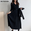 BGTEEVER 优雅V领单排扣女士加厚毛衣连衣裙2021秋冬针织系带女式A字型柔软连衣裙