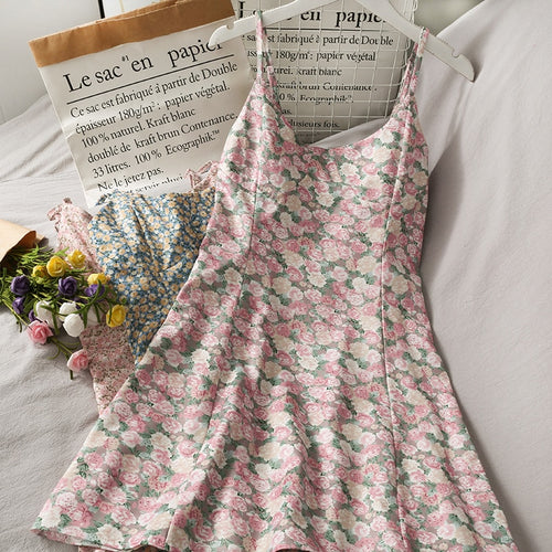 Retro Printed Sweet Style Mid-Length Beauty Back Suspender Dress for Women 2021 Summer Floral High Waist Slimming Dress