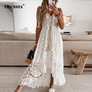 Off Shoulder Lace Patchwork Elegant Dress Women Summer 2021 V Neck Spaghetti Strap Dress Female New Fashion Solid Party Dresses