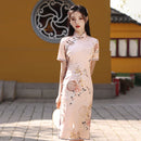 Elegant Cheongsam Chinese Dress Vintage Floral Print Qipao Women Traditional Split Qipao Ladies Short Sleeve Party Dresses Plus