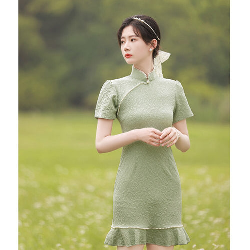 中式改良旗袍夏季少女短袖碎花连衣裙女士提花缎荷叶边学生裙