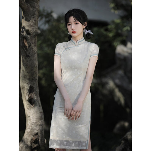 改良版短袖蕾丝刺绣旗袍春夏女复古性感高开叉连衣裙
