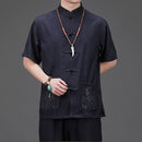 唐装男士夏季老年人服装棉麻中国风短袖套装亚麻潮