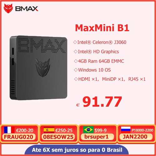 Bmax B1迷你电脑 英特尔赛扬J3060双核 1.6GHz最高睿频2.4GHz 4GB LPDDR3 64GB eMMC/128GB SSD 英特尔高清显卡 无线电脑