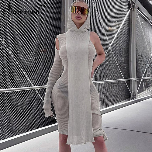 Simenual One Sleeve Knit Asymmetric Midi Dresses Skinny Ribbed Hooded Streetwear Baddie Clothes Fall Spring Clubwear Tight Dress
