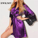 Plus Size Fashion Sexy Lace Satin Sleepwear Women Ladies Night Dress Lingerie Nighties V-neck Nightdress Lace Up Loose Nightgown