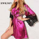 Plus Size Fashion Sexy Lace Satin Sleepwear Women Ladies Night Dress Lingerie Nighties V-neck Nightdress Lace Up Loose Nightgown