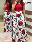 Ladies Summer Long Dress Printed Splicing Floral Banquet Round Neck Short Sleeve Tight Dress Elegant Sexy Woman Long Dress Xl