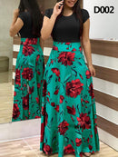 Ladies Summer Long Dress Printed Splicing Floral Banquet Round Neck Short Sleeve Tight Dress Elegant Sexy Woman Long Dress Xl