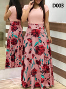 Ladies Summer Long Dress Printed Splicing Floral Banquet Round Neck Short Sleeve Tight Dress Elegant Sexy Woman Long Dress Xl