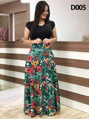 Ladies Summer Long Dress Printed Splicing Floral Banquet Round Neck Short Sleeve Tight Dress Elegant Sexy Woman Long Dress Xl