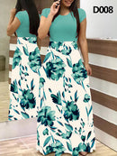 Ladies Summer Long Dress Printed Splicing Floral Banquet Round Neck Short Sleeve Tight Dress Elegant Sexy Woman Long Dress Xl